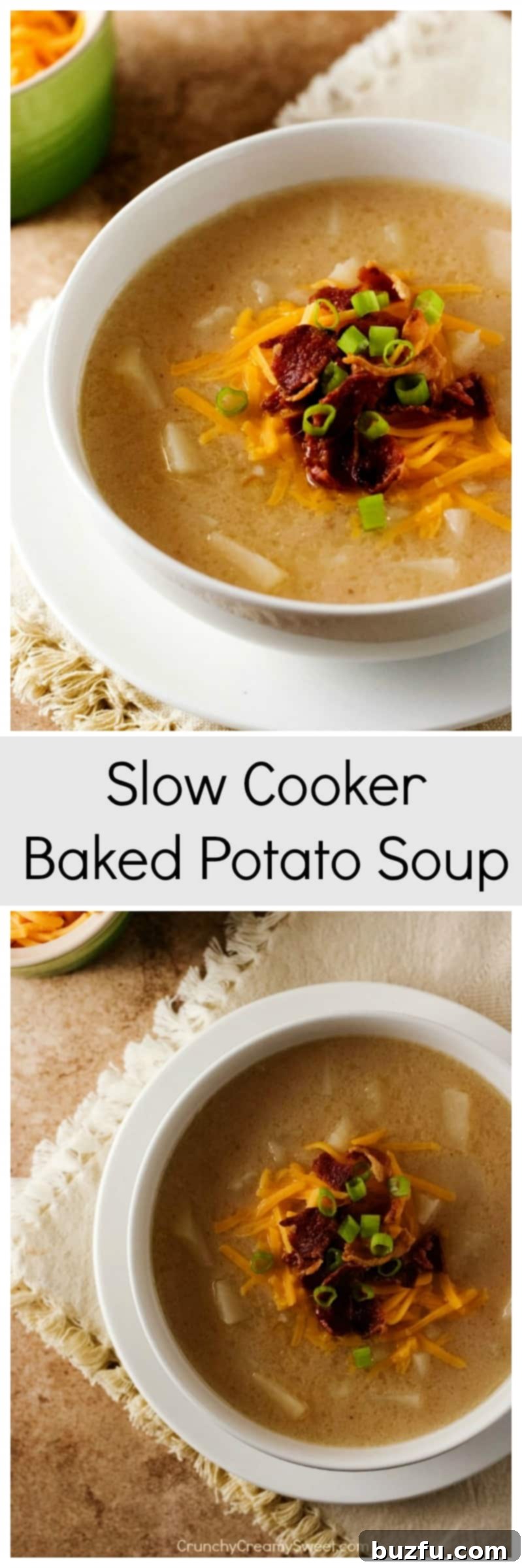 Close up of a bowl of Slow Cooker Baked Potato Soup with toppings