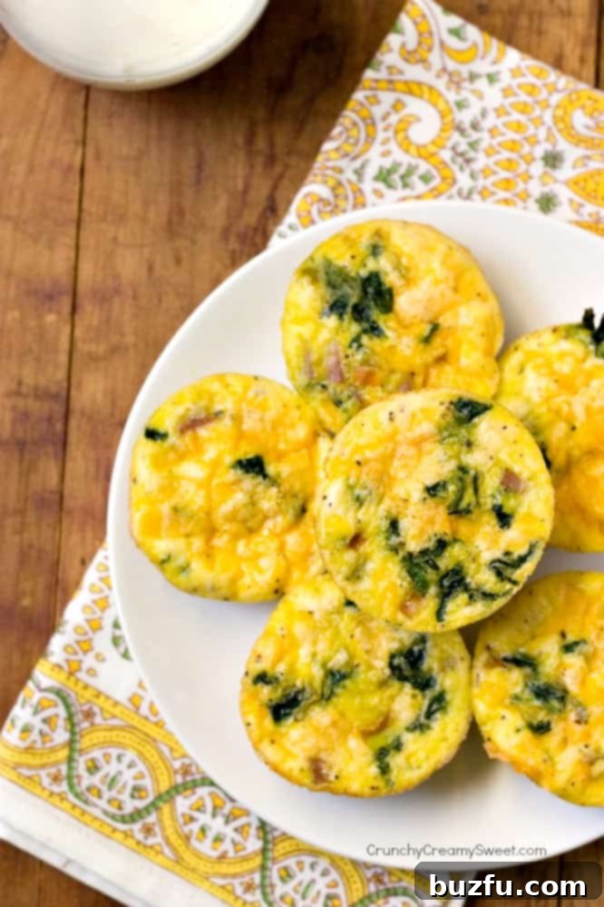 Close-up of baked Vegetable, Ham, and Cheese Egg Muffins, showcasing their fluffy texture and golden-brown tops.