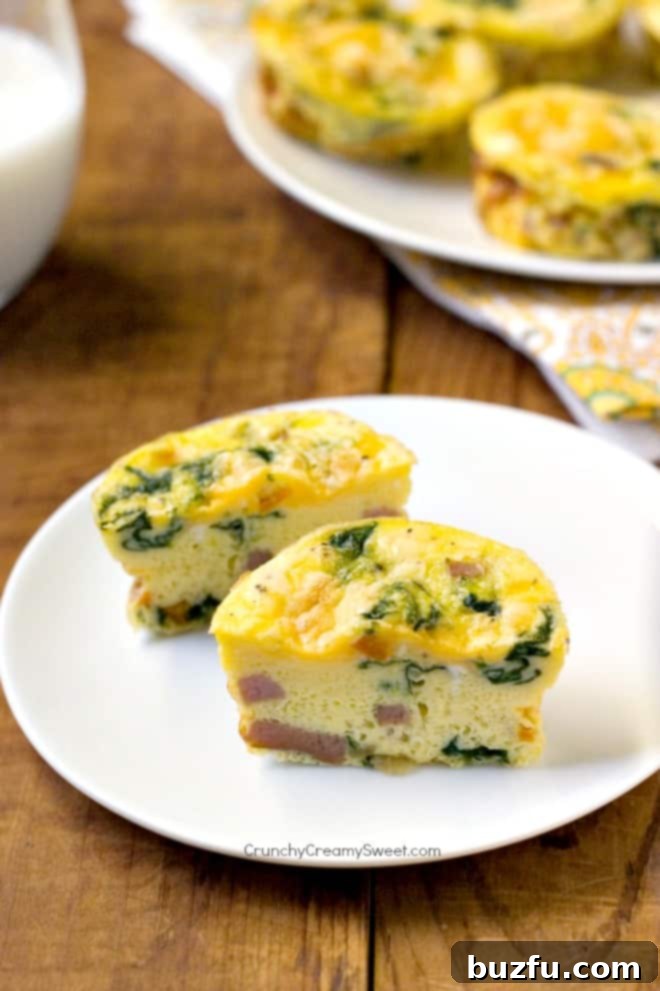 Several Vegetable, Ham, and Cheese Egg Muffins cooling in a muffin pan after baking, showing their golden tops.