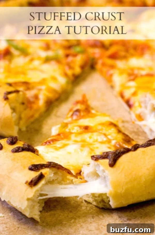 Stuffed Crust Pizza Slice with melted cheese oozing from the crust, showcasing its irresistible cheesy core.