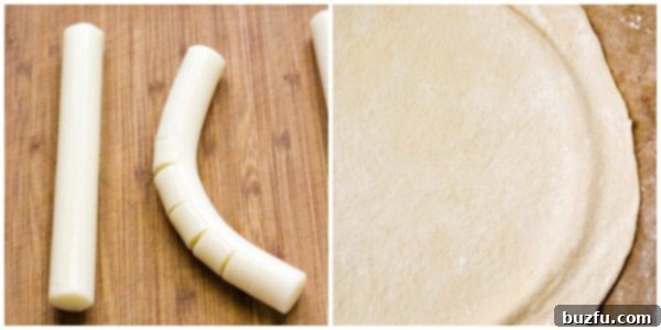 Preparing mozzarella cheese sticks by making notches and rolling out fresh pizza dough to the correct size on a floured surface for a stuffed crust pizza.
