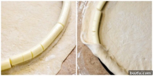 Positioning mozzarella cheese sticks along the edge of the pizza dough on a pan, followed by the essential step of folding the dough over to create a sealed stuffed crust.
