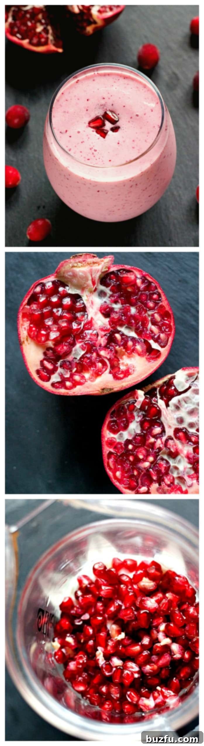 Cranberry Pomegranate Smoothie - made from fresh ingredients and good for you, in a tall glass with fresh fruit garnish