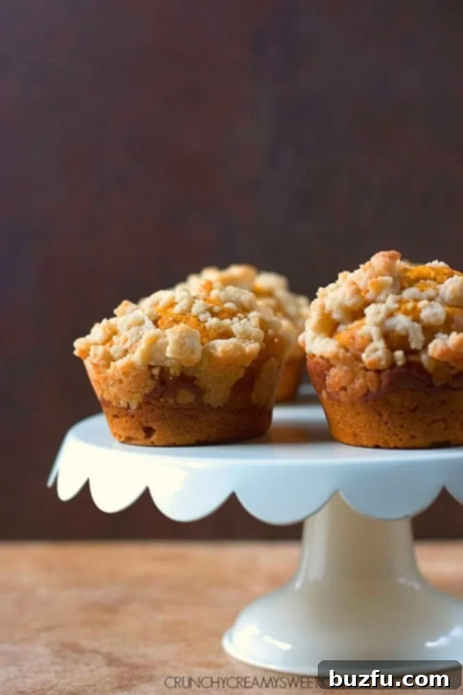 Autumn Spiced Pumpkin Crumble Muffins 3 Close-up shot of homemade Pumpkin Muffins crowned with a generous, crunchy streusel topping, fresh from the oven.