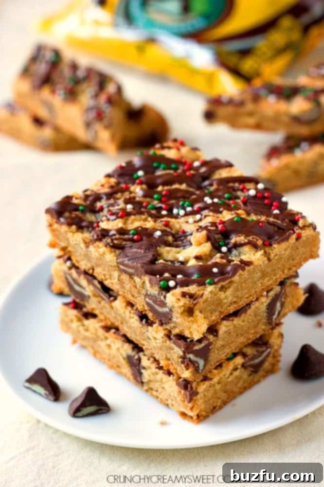Chewy Mint Chocolate Chip Cookie Bars, perfect for holiday baking.