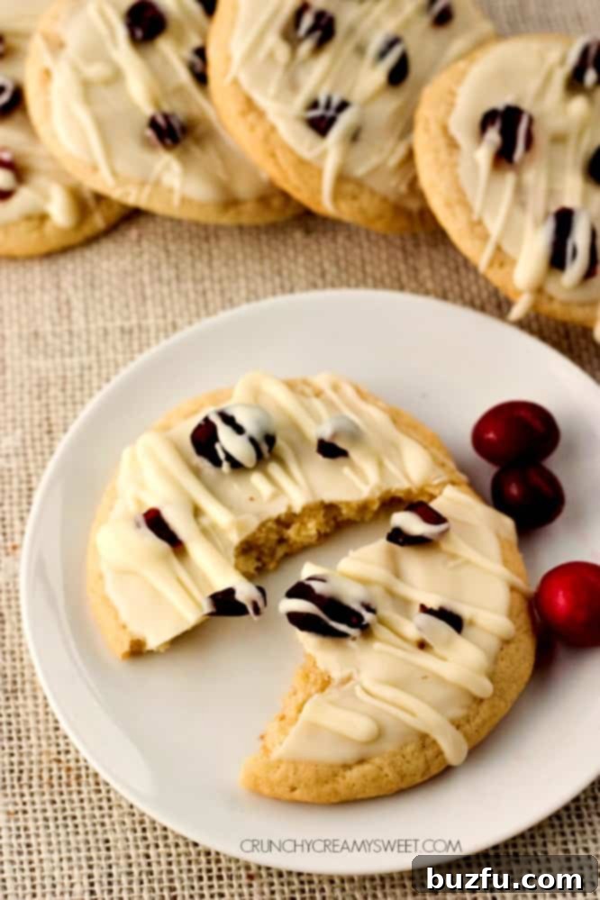 Close-up of freshly baked White Chocolate Craisins Cookies, showing the melted white chocolate topping and scattered dried cranberries.