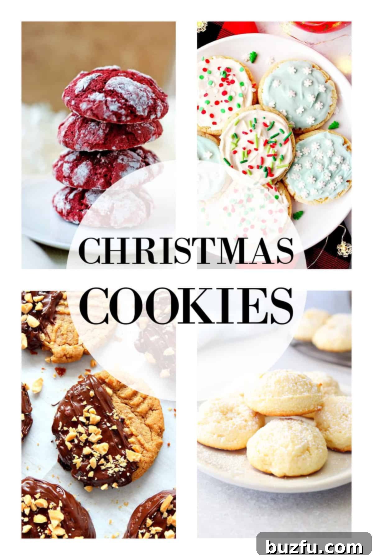 A festive photo collage showcasing an array of Christmas cookies, perfect for holiday baking.