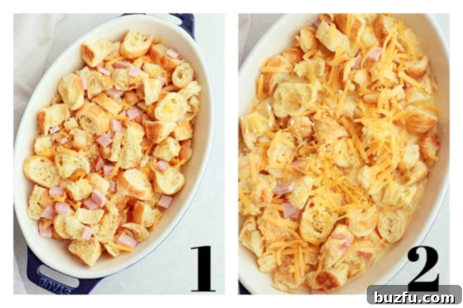 Photo collage of two steps for making bread and egg casserole.