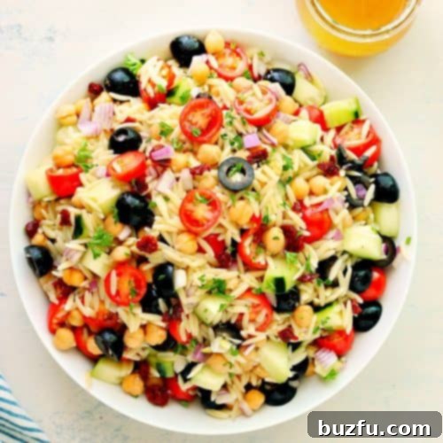 Dill Pickle Chicken Salad Delight 6 Pasta salad with orzo in a bowl.